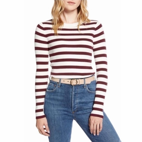 1901 Ribbed Knit Stripped Long Sleeve Top Nwt Size Xxl Cream / White & Burgundy
